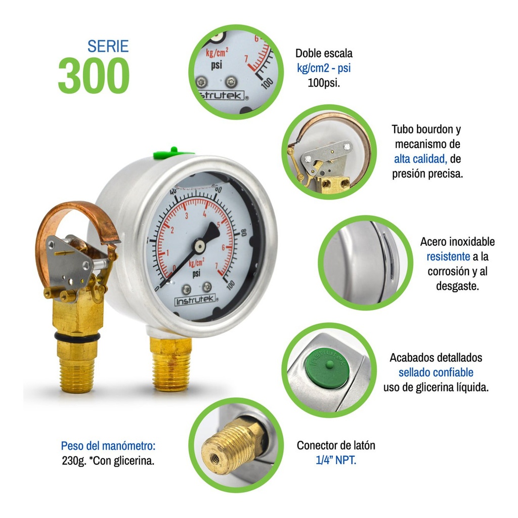 Manómetro Inox Glicerina 2.5 PLG , 100 Psi (aire, Agua)