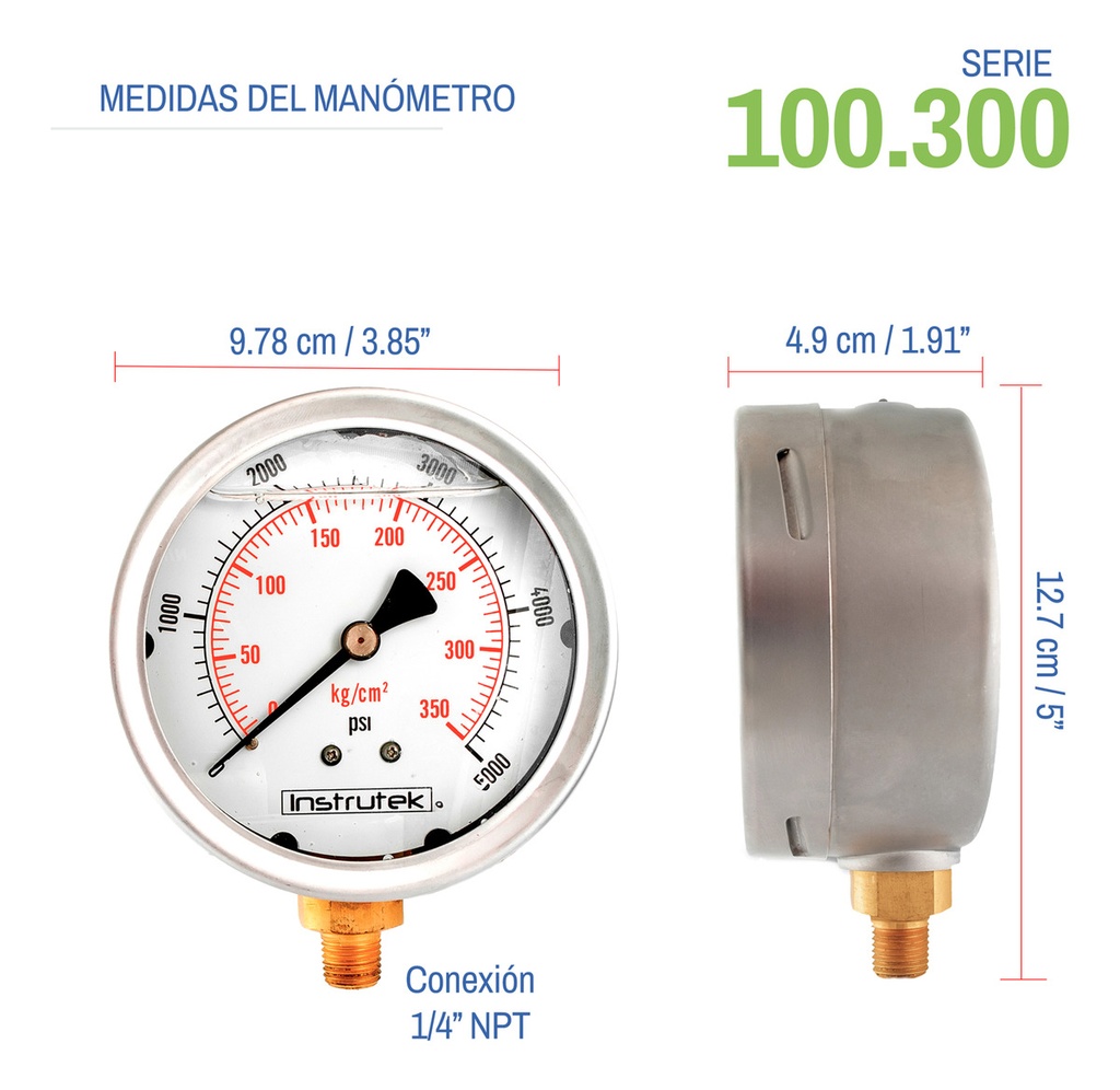 Manómetro Inox Alta Presión Glicerina 4 PLG, 10000 Psi