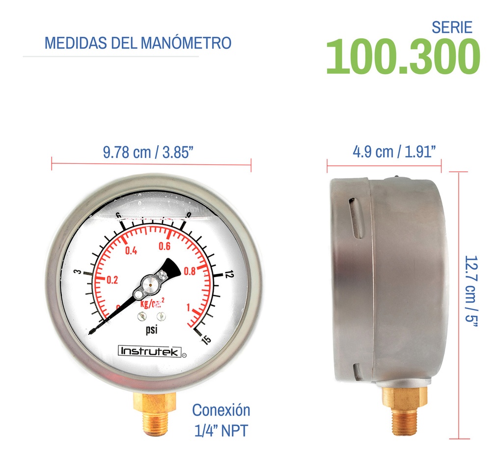 Manómetro Inox Glicerina 4 PLG, 15 Psi (aire, Agua)