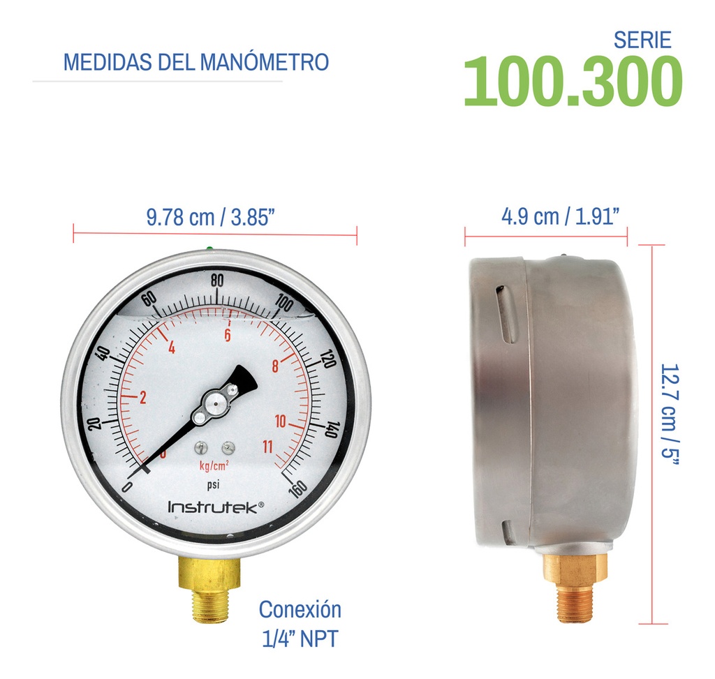 Manómetro Inox Glicerina 4 PLG, 160 Psi (aire, Agua)
