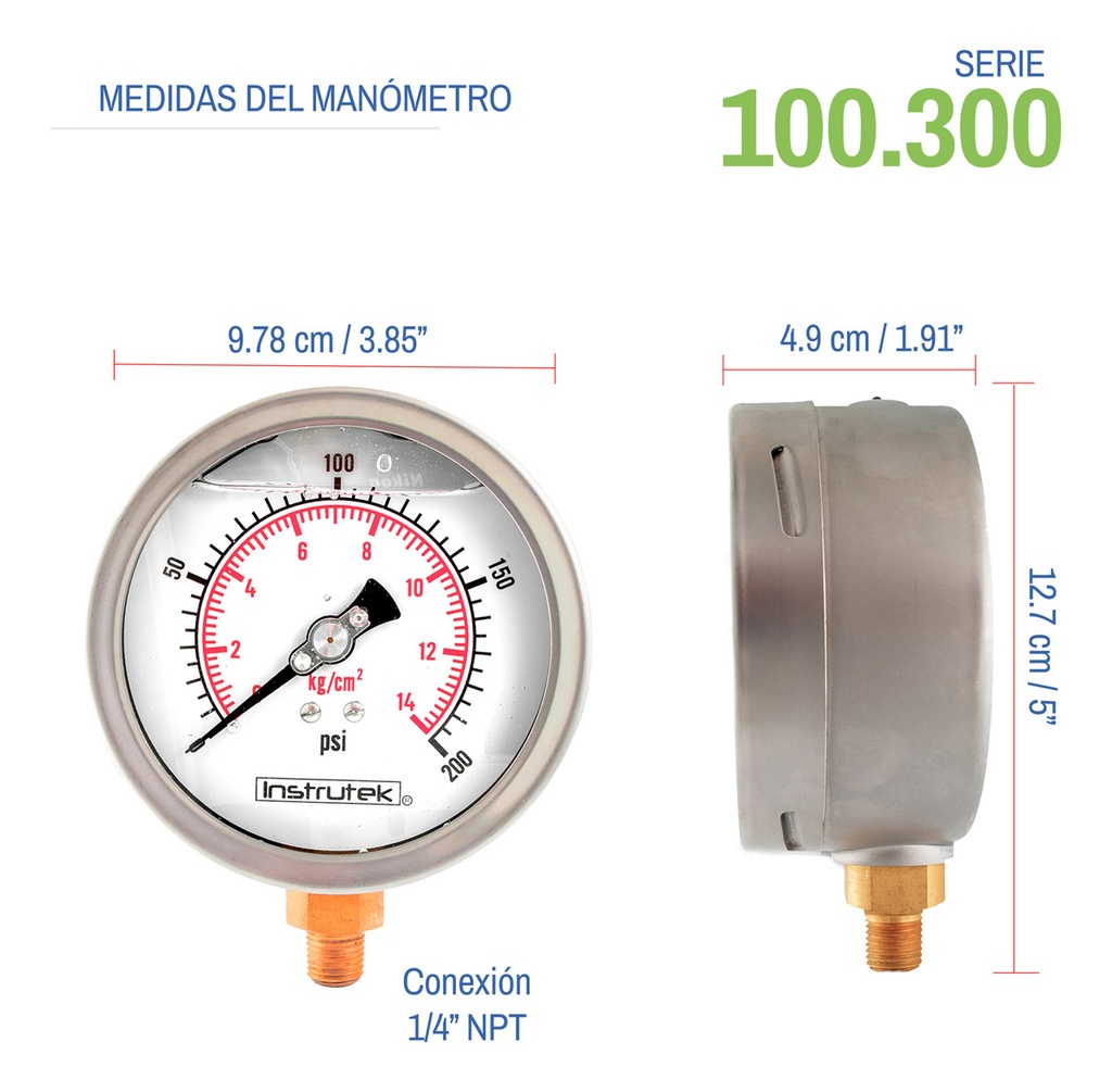 Manómetro Inox Glicerina 4 PLG, 200 Psi (aire, Agua)