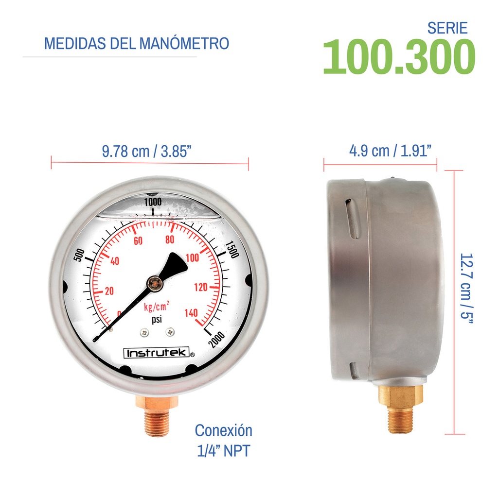 Manómetro Inox Alta Presión Glicerina 4 PLG, 2000 Psi