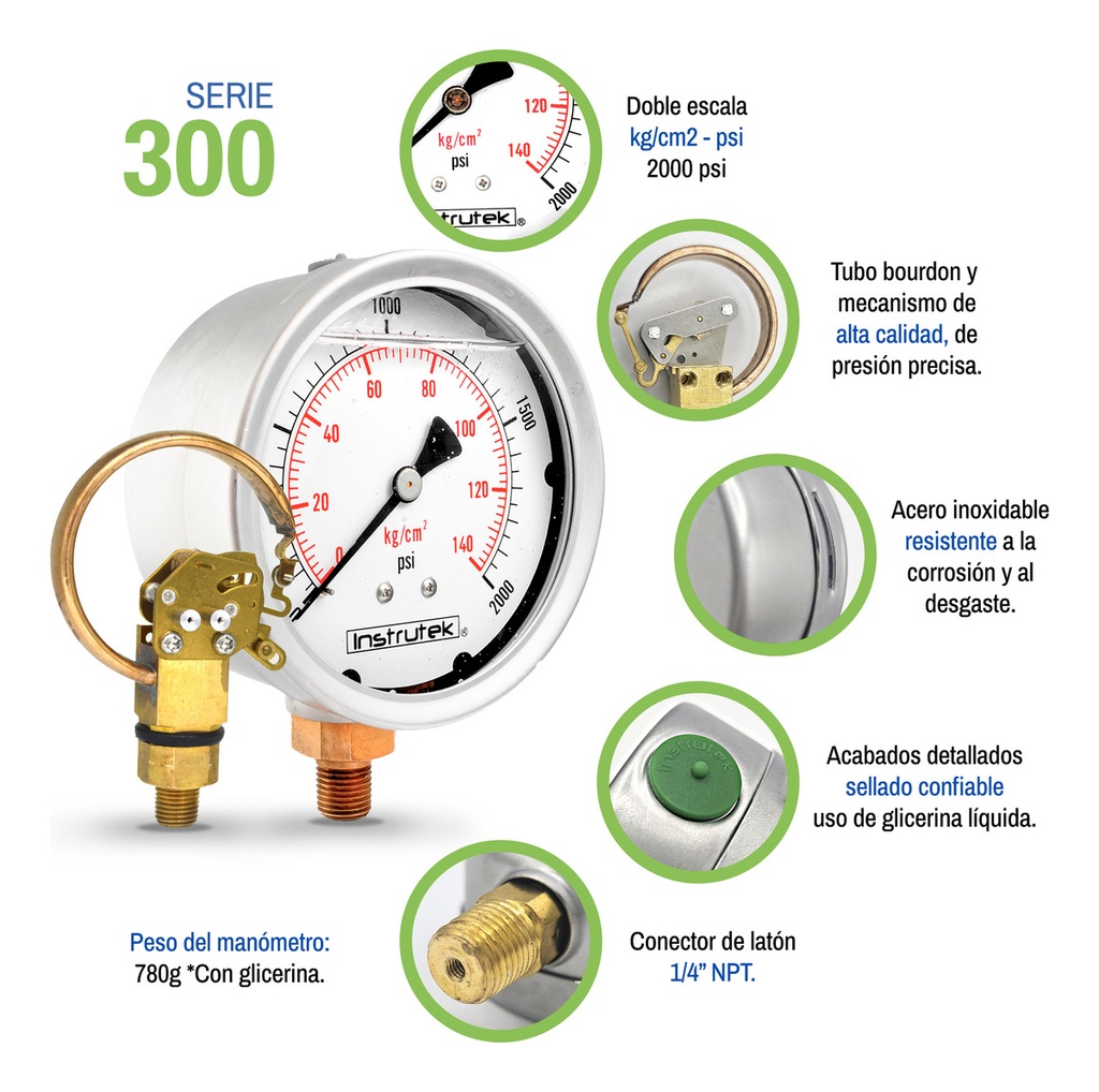 Manómetro Inox Alta Presión Glicerina 4 PLG, 2000 Psi