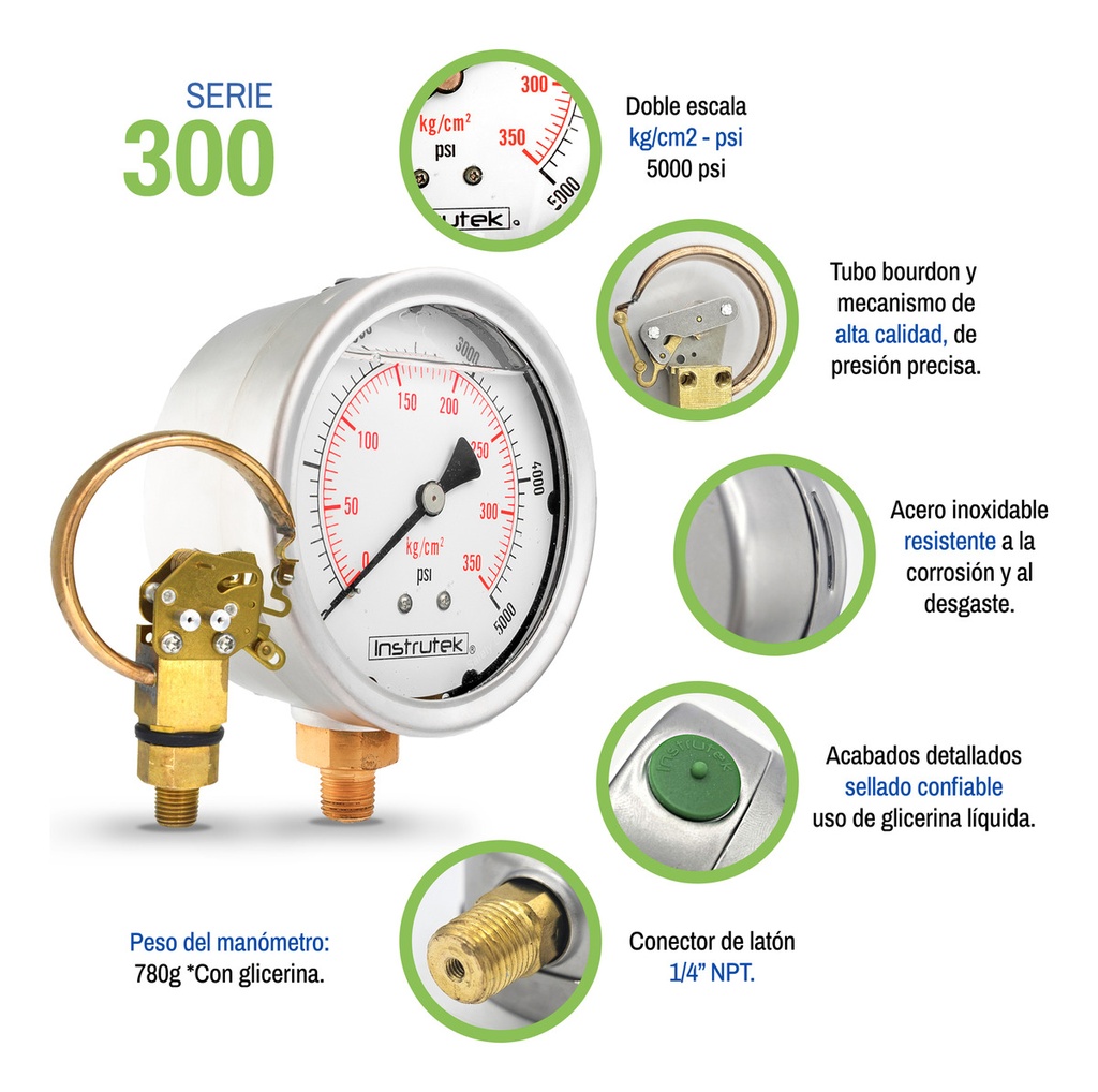 Manómetro Inox Alta Presión Glicerina 4 PLG, 5000 Psi