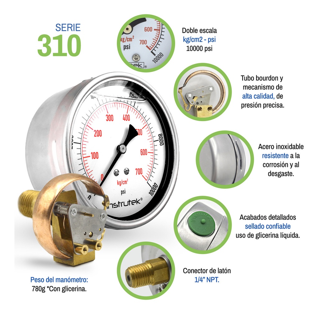 Manómetro Inox Alta Presión Glicerina 4 PLG, 10000 Psi