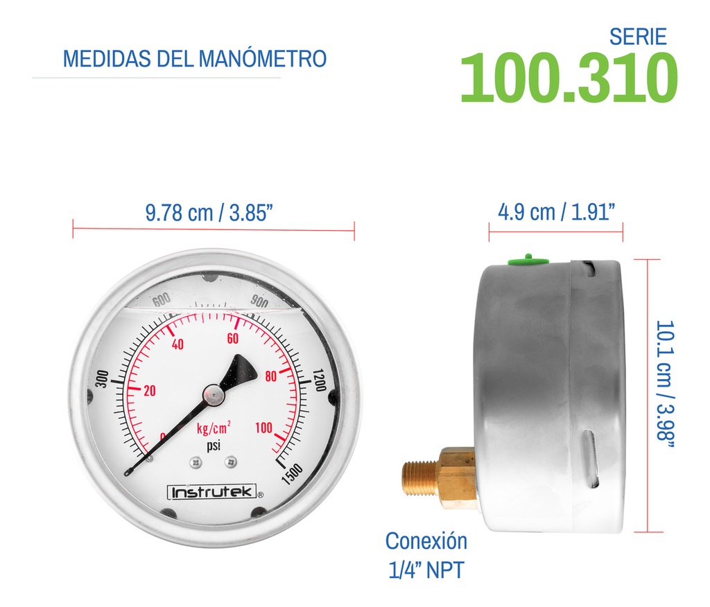 Manómetro Inox Alta Presión Glicerina 4 PLG, 1500 Psi