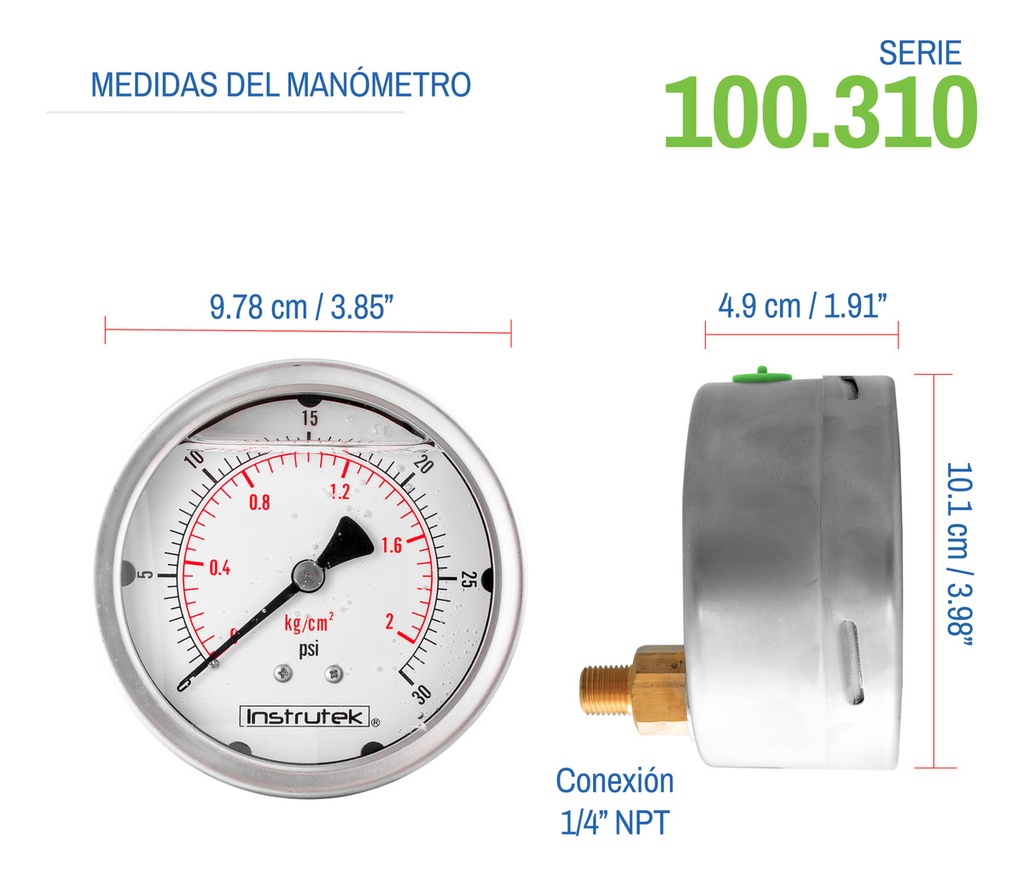 Manómetro Inox Glicerina 4 PLG, 30 Psi (aire, Agua)