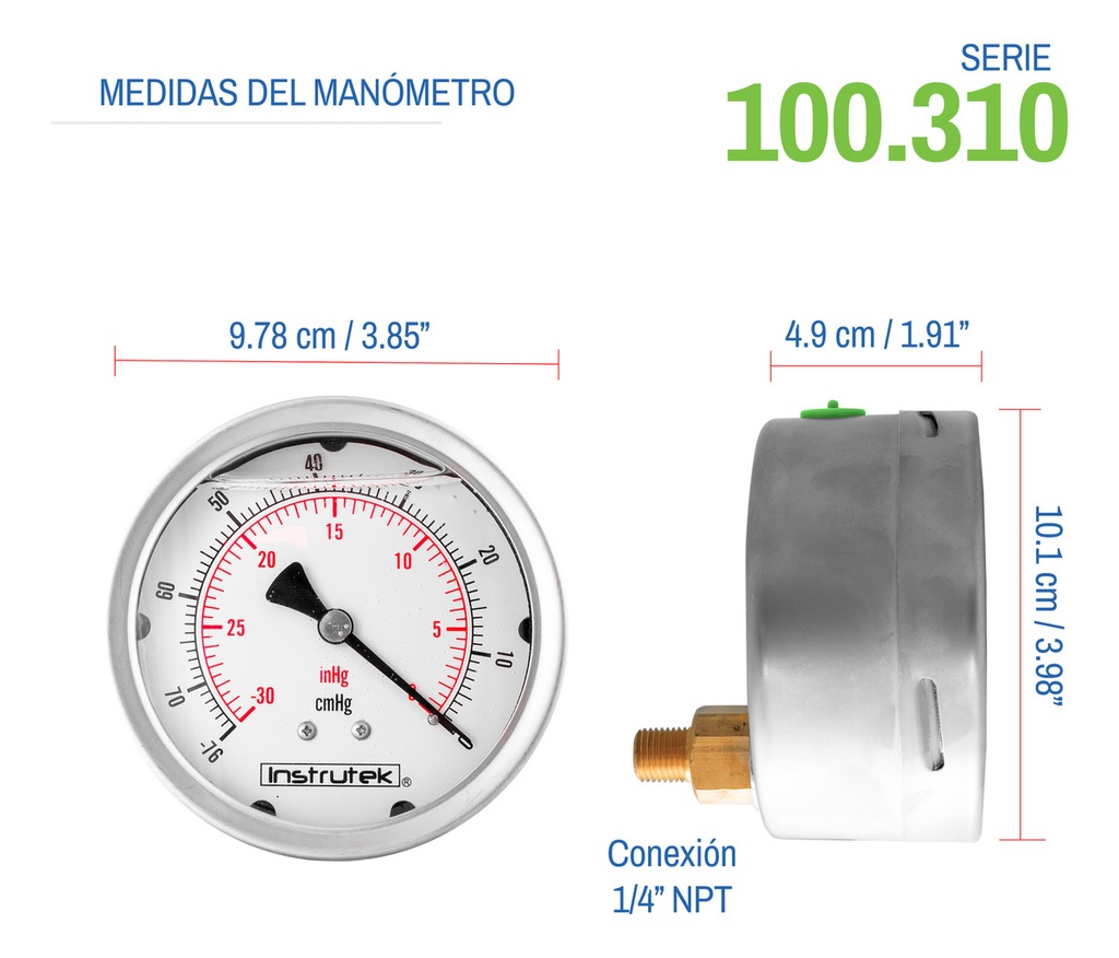 Vacuómetro Glicerina 4 PLG  -30 Inhg (eq. Ordeña Y Vacío)