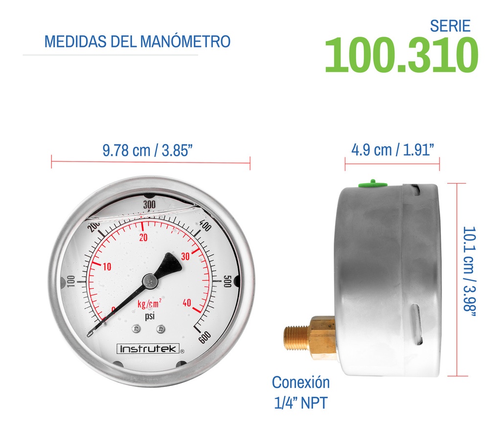 Manómetro Inox Glicerina 4 PLG, 600 Psi (aire, Agua)