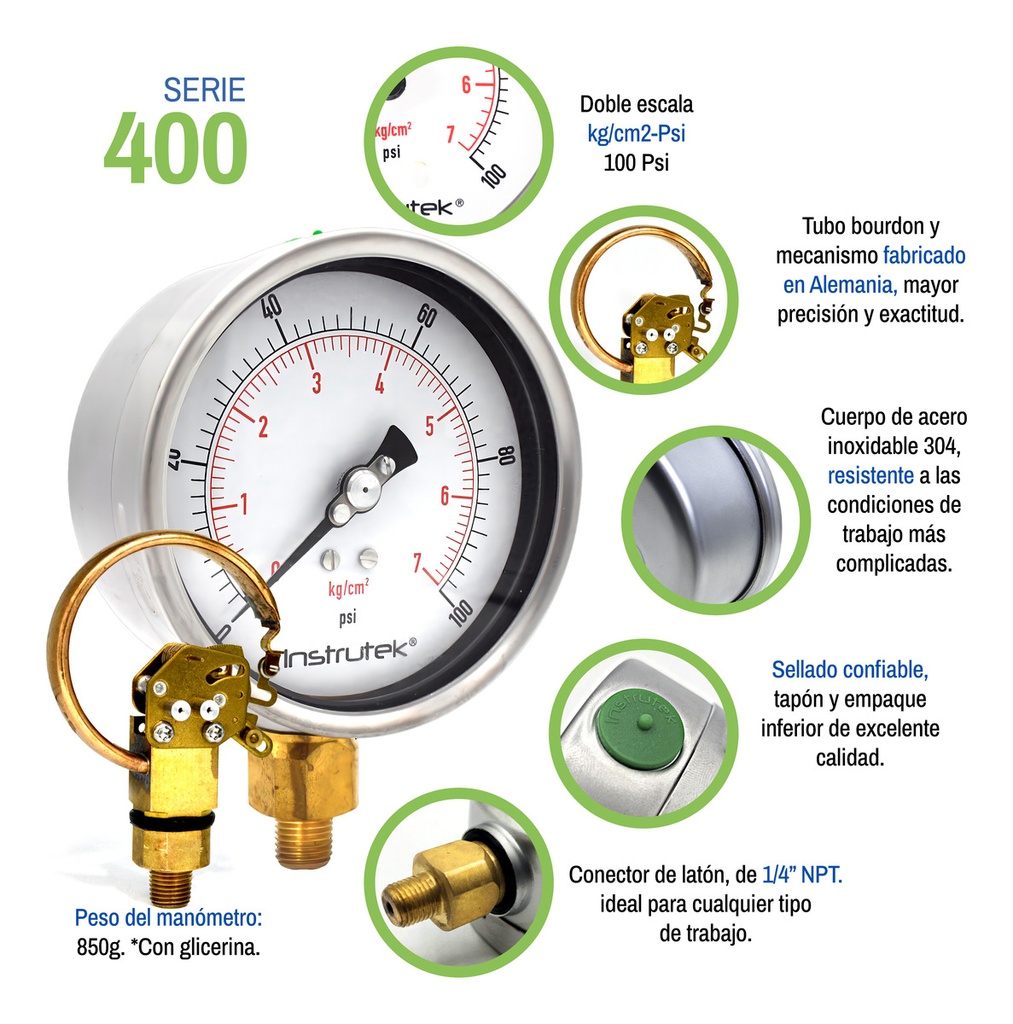 Manómetro Premium Inox Glicerina Carátula 4 PLG , 100 Psi