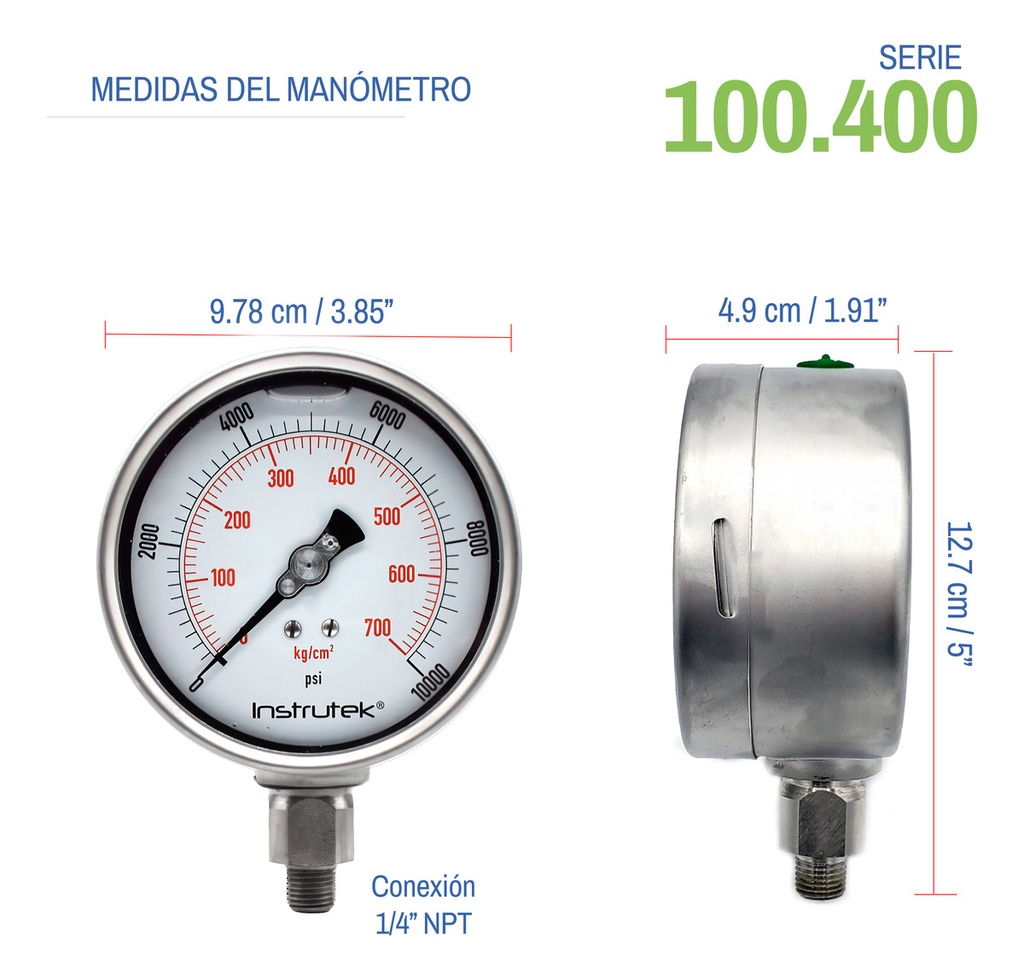 Manómetro Premium Inox Glicerina Carátula 4 PLG, 10000 Psi