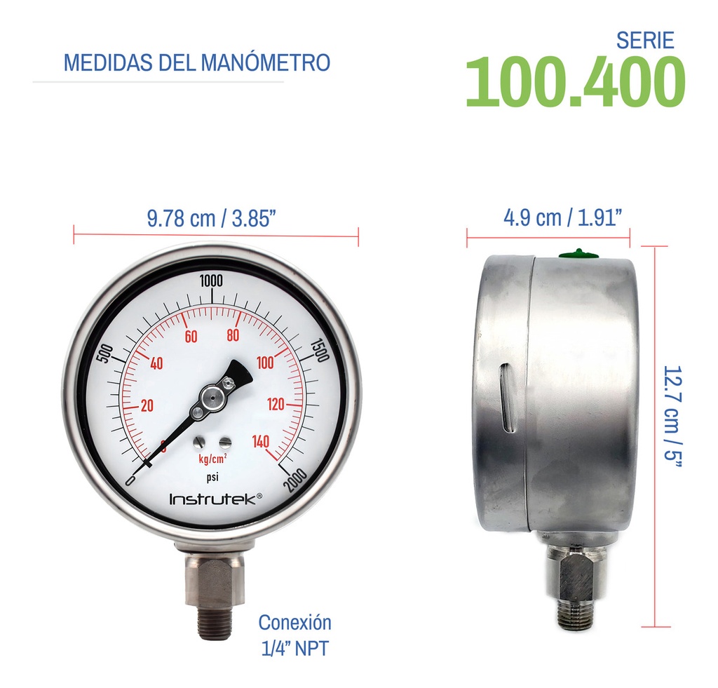 Manómetro Premium Inox Glicerina Carátula 4 PLG, 2000 Psi