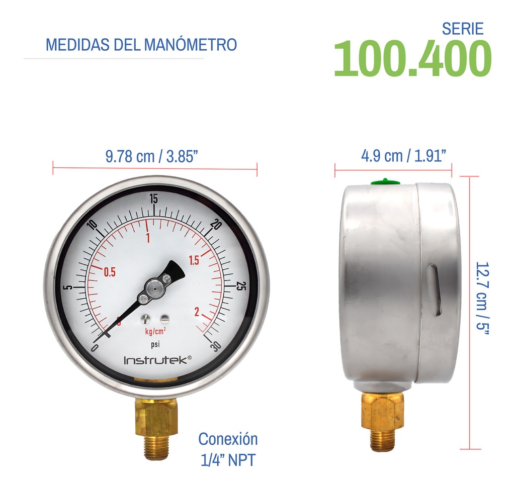 Manómetro Premium Inox Glicerina Carátula 4 PLG , 30 Psi
