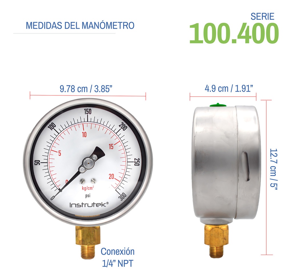 Manómetro Premium Inox Glicerina Carátula 4 PLG , 300 Psi
