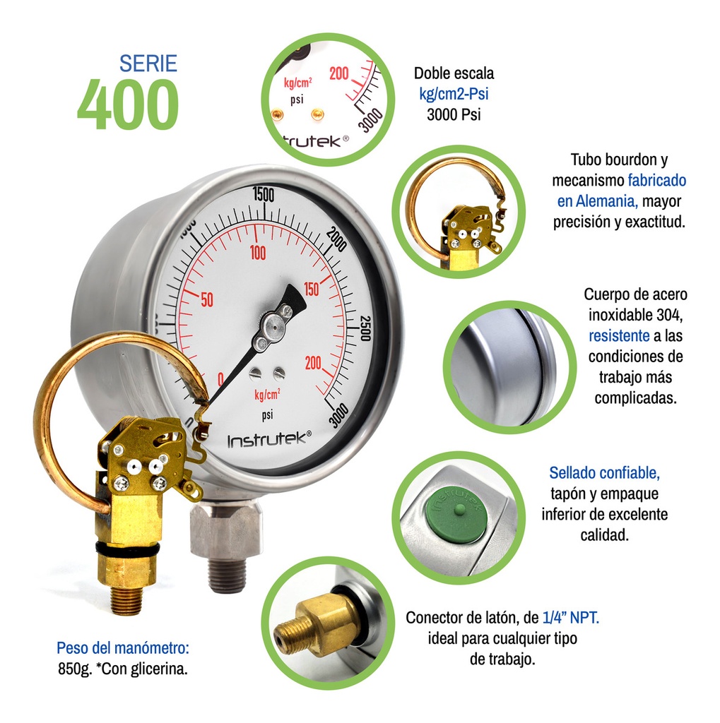 Manómetro Premium Inox Glicerina Carátula 4 PLG, 3000 Psi