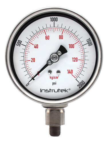 Manómetro 4", lleno de líquido premium, 1/4" NPT, inferior, 2000 psi-kg/cm2