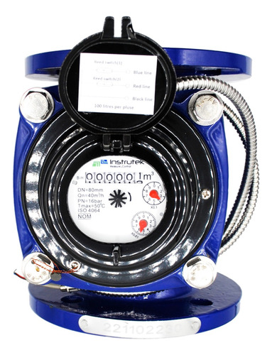 Medidor de agua tipo turbina, cuerpo de hierro fundido con registro hermético y transmisión magnética. Extremos en 3", bridas ANSI.