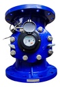 Medidor de agua tipo turbina, cuerpo de hierro fundido con registro hermético y transmisión magnética. Extremos en 10", bridas ANSI.
