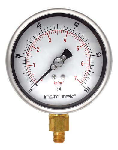 Manómetro 4", lleno de líquido premium, 1/4" NPT, inferior, 100 psi-kg/cm2